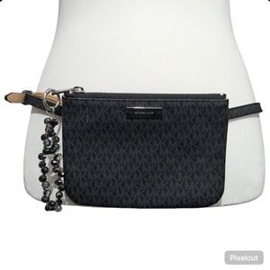 Michael Kors Black Signature Adjustable Mini Belt Bag w/ Removable Beaded Charm